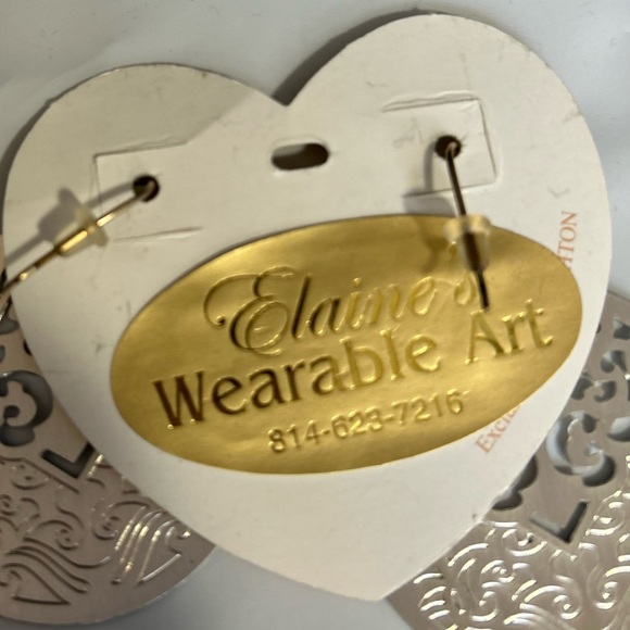 Elaine’s Wearable Art Pierced Earrings Silver Cut Design W/Blue & Rhinestones - Picture 5 of 5